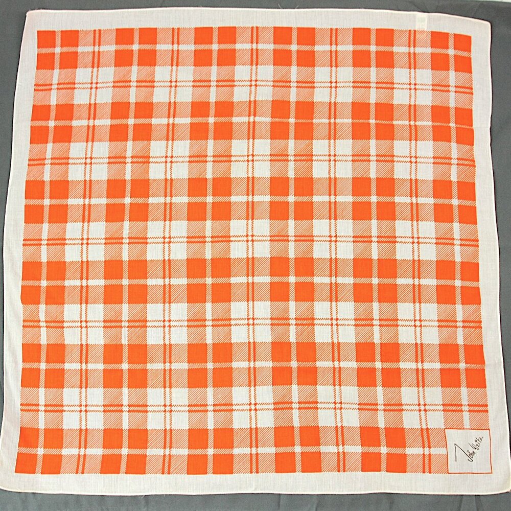 Vintage John Weitz Glentex Orange Plaid Cotton Scarf Square Italy 27" Mod 1960s